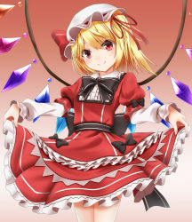 Rule 34 | 1girl, black bow, blonde hair, bow, clothes lift, cowboy shot, dress, embellished costume, fingernails, flandre scarlet, frilled dress, frills, gradient background, hair between eyes, hair ribbon, hat, hat ribbon, head tilt, highres, layered dress, layered sleeves, lifting own clothes, looking at viewer, mob cap, puffy short sleeves, puffy sleeves, red background, red dress, red eyes, ribbon, santarou, short hair, short sleeves, side ponytail, skirt, skirt hold, skirt lift, smile, solo, striped clothes, striped dress, touhou, white hat, wings