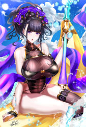 Rule 34 | 1girl, absurdres, banana boat, bare shoulders, black one-piece swimsuit, black thighhighs, blue sky, blush, breasts, fate/grand order, fate (series), flower, gold trim, hair flower, hair ornament, hair up, highleg, highleg swimsuit, highres, huge filesize, large breasts, long hair, looking at viewer, murasaki shikibu (fate), murasaki shikibu (swimsuit rider) (fate), murasaki shikibu (swimsuit rider) (first ascension) (fate), nez-box, one-piece swimsuit, open mouth, purple eyes, single thighhigh, sitting, sky, swimsuit, thighhighs, thighs, water