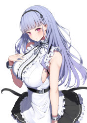 Rule 34 | 1girl, apron, azur lane, black hairband, black skirt, breasts, center frills, commentary, dido (azur lane), frilled apron, frills, from above, hairband, hand on own chest, highres, large breasts, light purple hair, long hair, looking at viewer, looking up, m-&gt;g, maid, purple eyes, shirt, sideboob, simple background, skirt, solo, waist apron, white apron, white background, white shirt