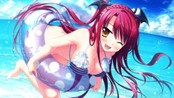 Rule 34 | 1girl, ;d, barefoot, beach, bent over, bikini, blush, braid, breasts, cleavage, cloud, fang, game cg, hanging breasts, head wings, highres, innertube, long hair, looking at viewer, luce yami asutarite, magical marriage lunatics!!, ocean, one eye closed, open mouth, red hair, sky, smile, solo, striped bikini, striped clothes, swim ring, swimsuit, very long hair, water, wet, wings, wink, yamakaze ran, yellow eyes