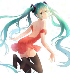 Rule 34 | 1girl, aqua eyes, aqua hair, backless dress, backless outfit, black thighhighs, dress, female focus, full body, hatsune miku, highres, lan jue, long hair, looking at viewer, looking back, smile, solo, thighhighs, twintails, very long hair, vocaloid