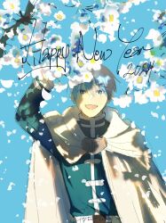 Rule 34 | 1boy, 2024, arm up, blue background, blue eyes, blue hair, blue jacket, branch, capelet, chamwa, commentary, day, english commentary, english text, flower, happy new year, highres, himmel (sousou no frieren), jacket, long sleeves, looking at viewer, male focus, new year, open mouth, outdoors, short hair, simple background, smile, solo, sousou no frieren, upper body, white capelet, white flower