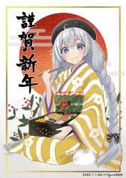 1girl beret binchou_maguro black_bow blue_eyes bow braid commentary dated diagonal-striped_bow eating feet_out_of_frame floral_print food food_on_face grey_hair hair_bow hand_up happy_new_year hat highres japanese_clothes kimono kizuna_akari kneeling light_blush long_hair long_sleeves looking_at_viewer low_twin_braids multicolored_clothes multicolored_kimono new_year obi obijime on_floor osechi print_kimono rabbit red_sun sash seiza signature sitting solo striped_clothes striped_kimono translated twin_braids two-tone_bow very_long_hair voiceroid white_background white_bow white_kimono yellow_kimono