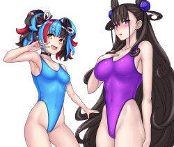 Rule 34 | 2girls, black hair, black nails, blue hair, blue leotard, blue one-piece swimsuit, breasts, cone hair bun, cowboy shot, double bun, fate/grand order, fate (series), hai (h81908190), hair bun, highleg, highleg leotard, highleg swimsuit, large breasts, leotard, long hair, looking at viewer, multicolored hair, multiple girls, murasaki shikibu (fate), nail polish, one-piece swimsuit, purple eyes, purple leotard, purple one-piece swimsuit, red hair, sei shounagon (fate), simple background, small breasts, smile, swimsuit, twintails, v, v over eye, very long hair, white background, yellow eyes