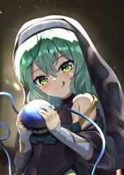 Rule 34 | 1girl, :q, absurdres, alternate costume, closed mouth, dfra, green eyes, green hair, habit, heart, heart-shaped pupils, highres, holding, komeiji koishi, looking at viewer, nun, short hair, smile, solo, symbol-shaped pupils, third eye, tongue, tongue out, touhou, upper body