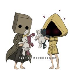 Rule 34 | 2others, alternate color, bag, barefoot, blush, bow, box, brown coat, brown pants, cardboard box, coat, commentary, criis-chan, danganronpa (series), danganronpa 2: goodbye despair, diaper, ear bow, english commentary, hat, heart, holding, jacket, little nightmares (series), little nightmares ii, mono (little nightmares), monokuma, monomi (danganronpa), multiple others, name connection, pants, paper bag, raincoat, simple background, six (little nightmares), stuffed animal, stuffed rabbit, stuffed toy, teddy bear, twitter username, white background