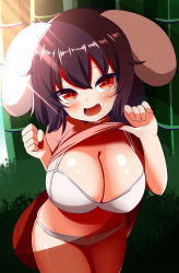 Rule 34 | 1girl, alternate breast size, animal ears, black hair, breasts, cleavage, clothes lift, dress, floppy ears, gero zoukin, highres, inaba tewi, large breasts, lifted by self, oppai loli, pink dress, pink shirt, rabbit ears, rabbit girl, red eyes, shirt, shirt lift, short hair, solo, touhou, wavy hair