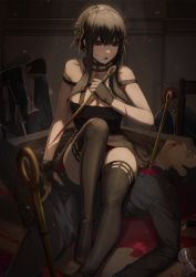 Rule 34 | 1girl, :o, black dress, black gloves, black hair, black thighhighs, blood, blood on arm, blood on face, bloody weapon, boots, breasts, chair, cleavage, corpse, dagger, dress, fingerless gloves, flower, gloves, gold hairband, hair flower, hair ornament, hairband, highres, holding, holding dagger, holding knife, holding weapon, knife, large breasts, light particles, long hair, looking down, looking to the side, murder, off-shoulder dress, off shoulder, ola (bunnyfly), on person, on table, planted, planted knife, planted weapon, red eyes, rose, sidelocks, solo focus, spikes, spy x family, stiletto (weapon), table, thigh boots, thighhighs, two-sided dress, two-sided fabric, weapon, yor briar, zettai ryouiki