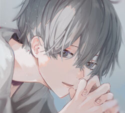 Rule 34 | 1boy, blurry, commentary request, fingernails, grey background, grey eyes, grey hair, grey shirt, grey theme, hair between eyes, interlocked fingers, looking at viewer, looking to the side, male focus, open mouth, original, own hands together, portrait, sai gumi, shirt, short hair, solo