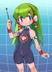 Rule 34 | 1girl, akagashi hagane, android, bare shoulders, breasts, charu (saru getchu), closed mouth, green hair, headphones, holding, long hair, looking at viewer, pointer, purple eyes, saru getchu, skin tight, small breasts, smile, solo, standing, wristband