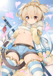 Rule 34 | 10s, 1girl, andira (granblue fantasy), animal ears, blonde hair, breasts, clothes lift, detached sleeves, erune, granblue fantasy, hair ornament, hidaka0503, highres, looking at viewer, monkey ears, monkey tail, red eyes, short hair, small breasts, smile, solo, tail, thighhighs, thighs