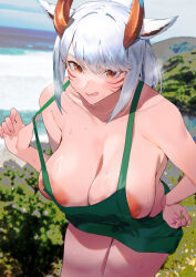 Rule 34 | 1girl, :q, areola slip, bare shoulders, beach, blurry, blurry background, breasts, cleavage, collarbone, hand on own hip, horns, ikuchan kaoru, large breasts, leaning forward, licking lips, looking at viewer, naked overalls, nipples, no bra, orange eyes, original, outdoors, overalls, paid reward available, short hair, solo, suspenders, sweat, tongue, tongue out, white hair