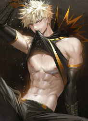 Rule 34 | 1boy, abs, bakugou katsuki, bare pectorals, bare shoulders, black shirt, blonde hair, blouse, blush, boku no hero academia, clothes in mouth, gradient background, half-closed eyes, in mouth, looking at viewer, mouth hold, nipples, pale skin, pectorals, pectorals, red eyes, shirt, shirt in mouth, short hair, spiked hair, spread legs, water, wet, wet hair