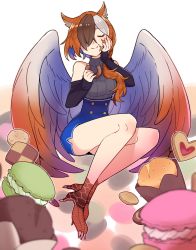 Rule 34 | 1girl, animal ears, asymmetrical hair, bare shoulders, bird legs, black sweater, blouse, brown hair, commission, cookie, do m kaeru, doughnut, estelle (cieluscian), closed eyes, food, hair over one eye, highres, macaron, md5 mismatch, multicolored hair, original, purple shirt, resolution mismatch, ribbed sweater, shirt, skeb commission, smile, solo, source smaller, streaked hair, sweater, turtleneck, turtleneck sweater, white hair, wings