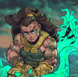 Rule 34 | 1girl, arm tattoo, bare shoulders, breasts, brown hair, closed mouth, cloud, gauntlets, green cloud, green eyes, green shirt, illaoi, large breasts, league of legends, long hair, muscular, muscular female, outdoors, phantom ix row, ponytail, shirt, sideways glance, solo, tattoo, upper body, water