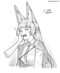 1girl 1other ? animal_ear_fluff animal_ears artist_name blunt_bangs commentary english_commentary english_text fangs fox_ears greyscale hand_in_another&#039;s_mouth highres hoshimi_miyabi light_blush long_hair meous monochrome necktie one_eye_closed out_of_frame sidelocks sketch solo_focus upper_body zenless_zone_zero