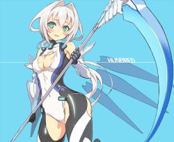 Rule 34 | 10s, 1girl, armpits, bare shoulders, blue background, blush, bodysuit, breasts, cleavage, covered erect nipples, covered navel, elbow gloves, emilia hermit, female focus, gloves, green eyes, hair intakes, highres, holding, holding scythe, holding weapon, hundred (light novel), large breasts, long hair, ookuma nekosuke, scythe, shy, silver hair, sleeveless, sleeveless bodysuit, smile, solo, taut clothes, torn clothes, weapon