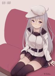 Rule 34 | 10s, 1girl, blue eyes, hammer and sickle, hat, hibiki (kancolle), highres, kantai collection, kiyomin, long hair, school uniform, silver hair, simple background, solo, thighhighs, verniy (kancolle)
