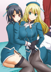 Rule 34 | 10s, 2girls, ass, atago (kancolle), bed, beret, black hair, blonde hair, blue hat, breast press, breasts, female focus, green eyes, hat, highres, kantai collection, large breasts, littlecosmos, long hair, looking at viewer, multiple girls, pantyhose, red eyes, short hair, shy, side slit, sitting, smile, symmetrical docking, takao (kancolle), thighhighs, yuri