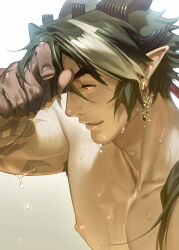 Rule 34 | 1boy, arknights, arm tattoo, armpit hair, bara, bare pectorals, chiizu namasu, chong yue (arknights), collarbone, commentary, dragon boy, dragon horns, earrings, english commentary, glint, gradient background, hand on own forehead, highres, horns, jewelry, looking to the side, male focus, multicolored hair, nipples, pectorals, pointy ears, profile, red eyes, solo, tattoo, toned, toned male, topless male, upper body, wet