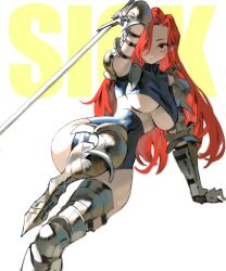 1girl absurdres armor armored_boots arowana2111 boots breasts covered_navel highres holding holding_sword holding_weapon long_hair original red_eyes red_hair shoulder_armor sword underboob weapon