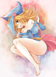 Rule 34 | 1girl, aqua eyes, ass, bare legs, bare shoulders, barefoot, blonde hair, blush, breasts, cleavage, curvy, damenano104, dark magician girl, duel monster, feet, female focus, flipped hair, hair between eyes, hat, highres, large breasts, long hair, looking at viewer, lying, magical girl, naughty face, no panties, pentacle, showgirl skirt, skirt, smile, solo, thighs, toes, tongue, tongue out, vambraces, wizard hat, yu-gi-oh!