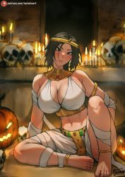 Rule 34 | 1girl, abs, anklet, armlet, bandages, barefoot, batako (batakoart), black hair, blush, breasts, brown eyes, candle, candlelight, cleavage, clothing request, egyptian, gold, halloween, head tilt, highres, huge breasts, jack-o&#039;-lantern, jewelry, knee up, lara croft, large breasts, lips, looking at viewer, mature female, mummy costume, muscular, parted bangs, pink lips, shiny skin, sitting, skull, smile, solo, toes, tomb raider, tomb raider (reboot), toned