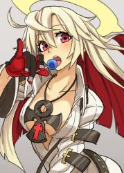 Rule 34 | 1girl, ankh, breasts, candy, cleavage, spiked halo, fingernails over gloves, food, gazacy (dai), gloves, guilty gear, guilty gear xrd, halo, highres, jack-o&#039; valentine, large breasts, lollipop, long hair, looking at viewer, multicolored hair, red eyes, red hair, solo, two-tone hair, white hair