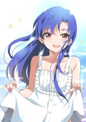 Rule 34 | 1girl, 2014, :d, blue hair, blush, curtsey, dated, dress, flat chest, highres, idolmaster, idolmaster (classic), inoue sora, kisaragi chihaya, long hair, musical note, open mouth, out-of-frame censoring, purple eyes, signature, smile, solo, sundress, textless version