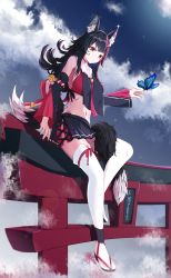 Rule 34 | 1girl, absurdres, animal ear fluff, animal ears, bell, black hair, blush, breasts, bug, butterfly, choker, closed mouth, cloud, detached sleeves, flipped hair, hair ornament, hairclip, highres, hololive, insect, long hair, long sleeves, looking at viewer, multicolored hair, navel, ookami mio, ookami mio (1st costume), pleated skirt, qiongyouu dayo, red hair, sandals, side slit, skirt, sky, solo, streaked hair, tail, tail wrap, thighhighs, torii, very long hair, virtual youtuber, wolf ears, wolf girl, wolf tail, yellow eyes