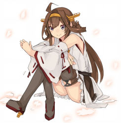 Rule 34 | 10s, 1girl, ahoge, brown hair, hairband, headgear, japanese clothes, jewelry, kantai collection, kongou (kancolle), long hair, nontraditional miko, petals, r left, ring, rn (radon&#039;ya), simple background, sitting, smile, solo, wedding band