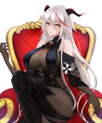 Rule 34 | 1girl, absurdres, aegir (azur lane), ass, asymmetrical footwear, azur lane, bare shoulders, black cape, black gloves, black legwear, bodystocking, boots, breast curtains, breasts, cape, chair, cross, cross-laced clothes, cross earrings, demon horns, earrings, elbow gloves, gloves, hair between eyes, highres, horns, huge breasts, impossible clothes, iron cross, jewelry, knee boots, long hair, looking to the side, multicolored hair, red hair, simple background, single knee boot, sinorder, sitting, skin tight, solo, streaked hair, two-tone hair, underbust, uneven footwear, very long hair, white background, white hair, yellow eyes