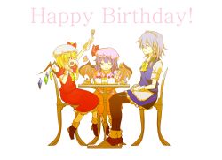 Rule 34 | 3girls, absurdres, birthday, birthday cake, blonde hair, blue hair, cake, chair, cup, eating, flandre scarlet, food, fork, hat, heart, highres, itsumizu, izayoi sakuya, maid, multiple girls, pantyhose, remilia scarlet, silver hair, simple background, table, teacup, text focus, touhou, white background, wings