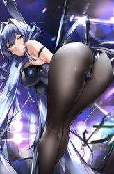 Rule 34 | 1girl, absurdres, angle, animal ears, armband, ass, ass focus, azur lane, bare shoulders, bent over, blue hair, bodystocking, breasts, fake animal ears, hanging breasts, highres, huge filesize, kyle (kysizzle), legs, legs together, leotard, long hair, looking back, naughty face, new jersey (azur lane), new jersey (exhilarating steps!) (azur lane), official alternate costume, pantyhose, playboy bunny, pole, pole dancing, rabbit ears, seductive smile, shiny clothes, smile, speaker, strapless, strapless leotard, stripper pole, thighhighs, weapon