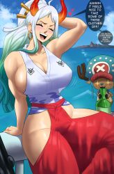 Rule 34 | 1boy, 1girl, absurdres, age difference, breasts, cleavage, echo saber, english text, hakama, hakama skirt, highres, hip vent, huge breasts, japanese clothes, large breasts, one piece, red hakama, skirt, smile, tony tony chopper, yamato (one piece)