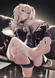 Rule 34 | 1girl, ahoge, animal ears, bare shoulders, barefoot, black nails, black pantyhose, blush, breasts, casino (casinoep), cleavage, crossed ankles, earrings, elbow rest, feet, foot focus, frown, fur-trimmed jacket, fur trim, grey eyes, grey hair, hair between eyes, highres, hololive, jacket, jewelry, large breasts, lion ears, lion girl, long hair, looking at viewer, nail polish, necklace, pantyhose, see-through, see-through cleavage, shirt, shishiro botan, shishiro botan (1st costume), single leg pantyhose, sitting, sleeveless, sleeveless shirt, soles, solo, stirrup legwear, toeless legwear, toenail polish, toenails, toes, torn clothes, torn pantyhose, virtual youtuber