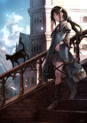 Rule 34 | 1girl, absurdly long hair, black cat, black hair, blush, boots, brown eyes, brown footwear, cat, closed mouth, hair ornament, hairband, hairclip, high heel boots, high heels, highres, long hair, long sleeves, looking at viewer, original, railing, saraki, smile, solo, stairs, twintails, very long hair