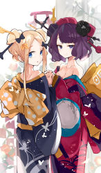 Rule 34 | 2girls, :o, abigail williams (fate), alternate costume, bare shoulders, black bow, black kimono, blonde hair, blue eyes, blush, bow, breasts, cleavage, closed mouth, collarbone, double bun, fate/grand order, fate (series), hair bow, hair bun, hair ornament, holding hands, interlocked fingers, japanese clothes, katsushika hokusai (fate), kimono, long hair, looking at viewer, looking back, medium breasts, mitu yang, multiple girls, multiple hair bows, off shoulder, orange bow, parted bangs, parted lips, purple eyes, purple hair, sidelocks, smile, torii