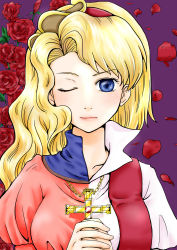 Rule 34 | 1girl, blonde hair, blue eyes, breasts, collarbone, commentary, cross, dual persona, flower, highres, jinni, long hair, looking at viewer, marian lancaster, one eye closed, petals, portrait, robin hood no daibouken, rose, rose petals, serious, short hair, small breasts, solo
