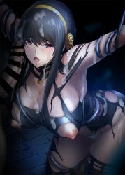 Rule 34 | 1girl, bar censor, black hair, breasts, bukkake, censored, commentary request, cum, cum on body, cum on clothes, cum on hair, facial, flower, gold hairband, hair flower, hair ornament, hairband, highres, large breasts, long hair, looking at viewer, nipples, onigirikun, penis, red eyes, resolution mismatch, rose, solo focus, source larger, spy x family, torn clothes, yor briar