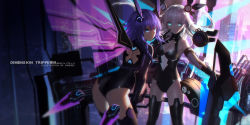 Rule 34 | 10s, 2girls, ass, bare shoulders, black heart (neptunia), black legwear, blue eyes, breasts, cleavage, cleavage cutout, clothing cutout, elbow gloves, gloves, glowing, glowing eyes, hair ornament, highres, leotard, long hair, looking at viewer, multiple girls, neptune (neptunia), neptune (series), noire (neptunia), purple hair, purple heart (neptunia), swd3e2, symbol-shaped pupils, thighhighs, twintails, very long hair, white hair, wings