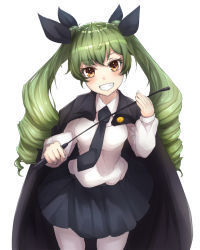 Rule 34 | 10s, 1girl, anchovy (girls und panzer), anzio school uniform, black cape, black necktie, black ribbon, black skirt, cape, commentary, cowboy shot, dress shirt, drill hair, girls und panzer, green hair, grin, hair ribbon, holding, holding riding crop, long hair, long sleeves, looking at viewer, miniskirt, necktie, pantyhose, pleated skirt, red eyes, ribbon, riding crop, school uniform, shainingu ikura, shirt, simple background, skirt, smile, solo, standing, twin drills, twintails, white background, white pantyhose, white shirt
