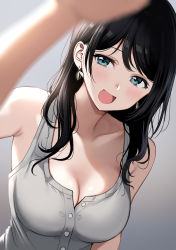 Rule 34 | 1girl, :d, absurdres, aqua eyes, arm at side, armpits, bad perspective, bare shoulders, black hair, blue eyes, blurry, blurry foreground, blush, breasts, cleavage, collarbone, earrings, eyelashes, grey tank top, headpat, highres, incoming headpat, jewelry, large breasts, long hair, looking at viewer, makeup, mascara, medium breasts, nishizawa, open mouth, original, partially unbuttoned, pov, reaching, reaching towards viewer, smile, solo, standing, tank top, unbuttoned, unbuttoned shirt, upper body