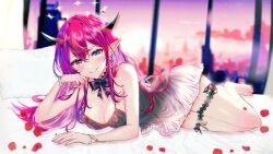 Rule 34 | 1girl, absurdres, barefoot, bed, black bow, black choker, black dress, blush, bow, bracelet, breasts, choker, cleavage, dress, earrings, hair behind ear, halo, heterochromia, highres, hololive, hololive english, horns, indoors, irys (hololive), jewelry, looking at viewer, lying, medium breasts, on side, parted lips, petals, pillow, pointy ears, smile, solo, sowon, thigh strap, virtual youtuber, window