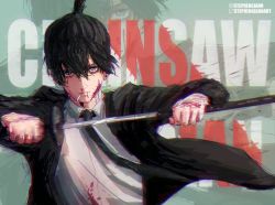 Rule 34 | 1boy, black hair, black jacket, black necktie, blood, blood on clothes, blood on face, blue eyes, blurry, chainsaw man, chromatic aberration, cigarette, collared shirt, earrings, formal, green background, hair between eyes, hayakawa aki, highres, holding, holding sword, holding weapon, instagram username, jacket, jewelry, katana, looking at viewer, motion lines, necktie, nosebleed, sheath, shirt, short hair, solo, stephengiannart, stud earrings, suit, sword, topknot, twitter username, unsheathing, weapon, white shirt