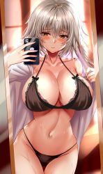 Rule 34 | 1girl, absurdres, black bra, black panties, blouse, blush, bra, breasts, cleavage, fate/grand order, fate (series), highres, holding, holding phone, jeanne d&#039;arc (fate), jeanne d&#039;arc alter (avenger) (fate), jeanne d&#039;arc alter (fate), kuro (tbm9187), large breasts, looking at viewer, panties, phone, selfie, shirt, silver hair, solo, thighs, underwear, white shirt, yellow eyes