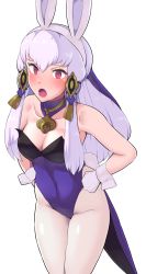 Rule 34 | 1girl, animal ears, bare shoulders, blue leotard, blush, boris (noborhys), breasts, cleavage, coattails, collarbone, detached collar, fake animal ears, fire emblem, fire emblem: three houses, gloves, hands on own hips, highres, leotard, long hair, looking at viewer, lysithea von ordelia, medium breasts, nintendo, open mouth, pantyhose, pink eyes, playboy bunny, rabbit ears, rabbit tail, sidelocks, simple background, solo, strapless, strapless leotard, tail, thighs, white background, white gloves, white hair, white pantyhose, wrist cuffs