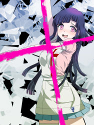 Rule 34 | 1girl, apron, arm up, bandages, blouse, blue hair, breasts, cross, danganronpa (series), danganronpa 2: goodbye despair, dosugon, green skirt, grey background, large breasts, long hair, looking at viewer, mole, mole under eye, open mouth, pink eyes, pink shirt, pleated skirt, puffy short sleeves, puffy sleeves, shirt, short sleeves, skirt, solo, tsumiki mikan, white apron