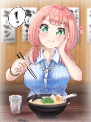 Rule 34 | !, + +, 1girl, :t, bang dream!, blue shirt, blurry, blurry background, blush, bowl, bracelet, breasts, carmen kiruya, chopsticks, collared shirt, commentary, cup, drinking glass, eating, egg, food, green eyes, hand on own cheek, hand on own face, heart, highres, holding, holding chopsticks, holding spoon, indoors, jewelry, large breasts, long hair, looking at viewer, low twintails, medium hair, necklace, noodles, pink hair, ramen, restaurant, shirt, sleeveless, sleeveless shirt, solo, spoken exclamation mark, spoon, striped clothes, striped shirt, twintails, uehara himari, upper body, vertical-striped clothes, vertical-striped shirt
