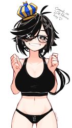 Rule 34 | 1girl, antenna hair, black eyes, black hair, black panties, black tank top, blush, borrowed character, breasts squeezed together, breasts, cleavage, congratulations, cowboy shot, crown, gift art, glasses, grin, hair ornament, hairclip, hands up, highres, large breasts, long hair, looking at viewer, mini crown, navel, original, panties, ponytail, simple background, smile, solo, standing, tank top, twitter username, underwear, uni (unexistarts), white background, x hair ornament, x x, yoako